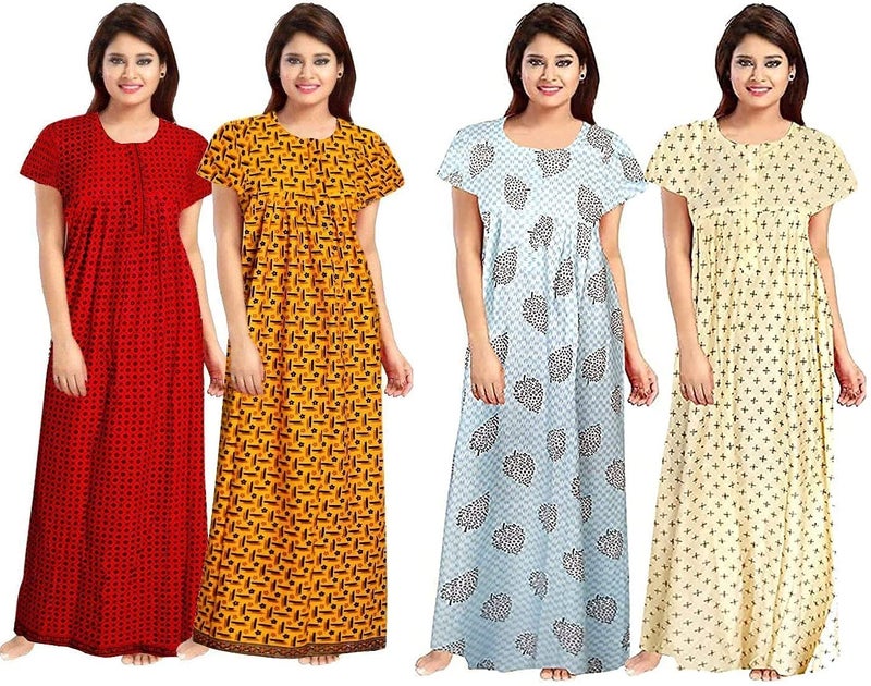 NEGLIGEE Women's Cotton Printed Maxi Nightgown Nighty for Women Ankle Length Night Dress - Pack of 4 (Free Size, Multicolor, Option 06) - Image 1