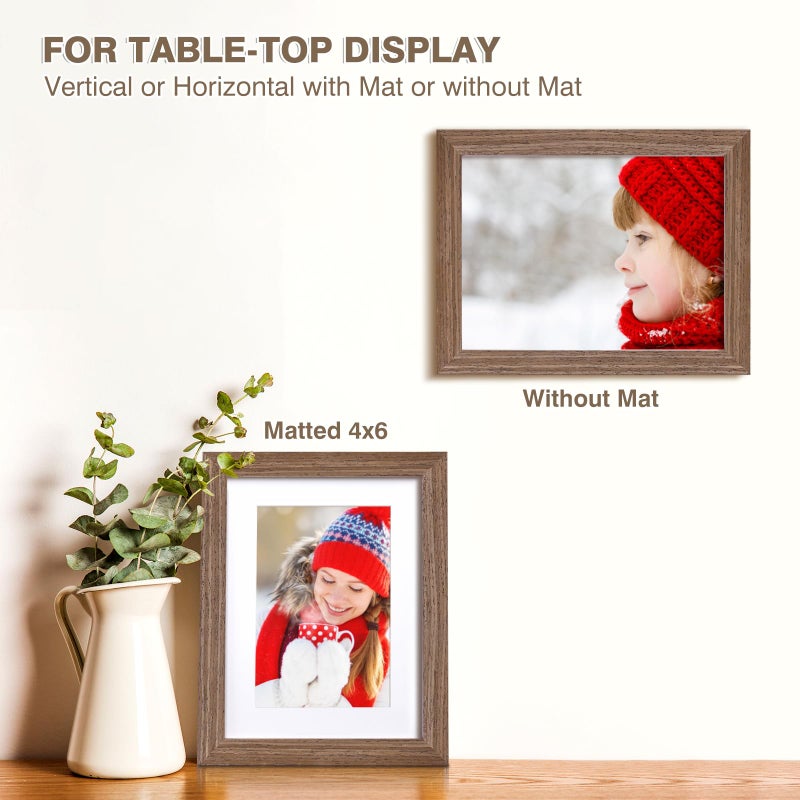 KINLINK 6x8 Picture Frames Rustic brown  Wood Frames with Acrylic Plexiglass for Pictures 4x6 with Mat or 6x8 without Mat  Tabletop and Wall Mounting Display  Set of 4 - Image 5