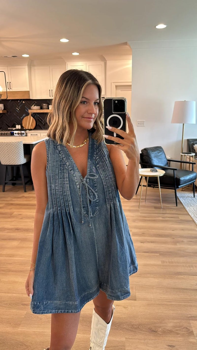 yoeasy Women's Sleeveless V Neck Shorts Denim Romper Tie Front Ruffle Cute Loose Jean Short Overalls with Pockets (X-Small, Dark Blue) - Image 2