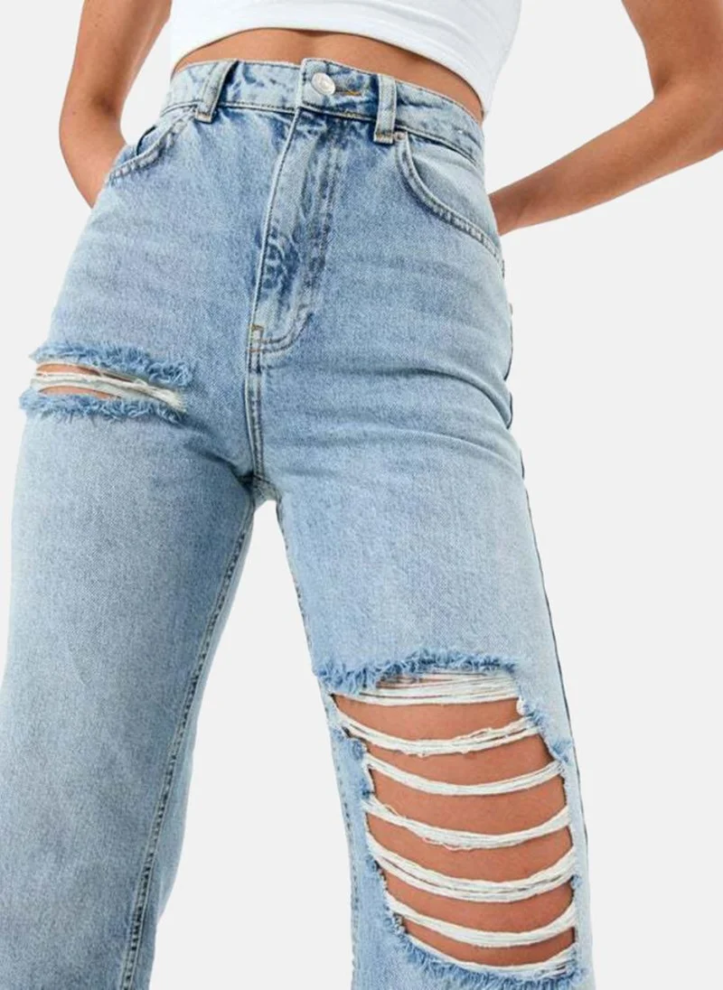 YUNIQEE Blue Wide Leg Highly Distressed High-Rise Jeans