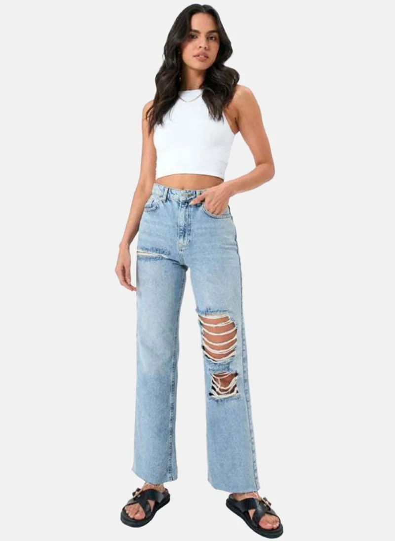 YUNIQEE Blue Wide Leg Highly Distressed High-Rise Jeans