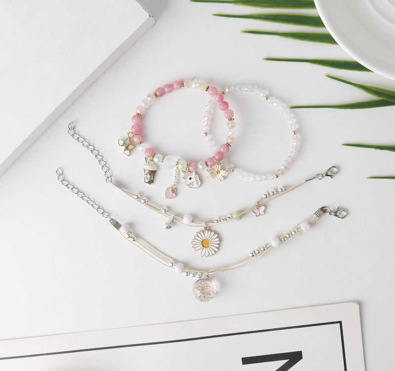DS Beaded Charm Bracelets for Teen Girls Cute Cartoon 4 PCS Crystal Beads Pearl anime Bracelets for woman girls Adjustable Stretch bracelet anklets birthday Gift For daughter Friends-Pink Pony - Image 4