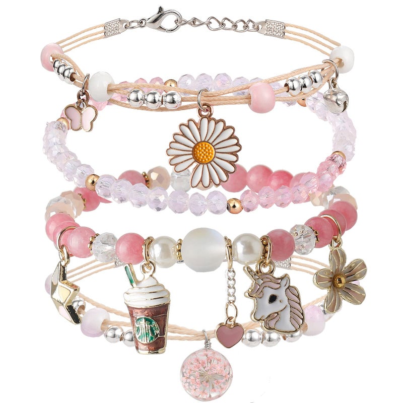 DS Beaded Charm Bracelets for Teen Girls Cute Cartoon 4 PCS Crystal Beads Pearl anime Bracelets for woman girls Adjustable Stretch bracelet anklets birthday Gift For daughter Friends-Pink Pony - Image 1