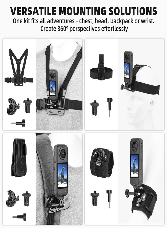 BRDRC مجموعة ملحقات BRDRC لكاميرات Insta 360 X5 X4، تتضمن حزام رأس للصدر، مشبك تثبيت للحقيبة، حزام معصم، محول دوار 360 درجة مع آلية تحرير سريعة، حزمة ملحقات كاميرا Insta360 One X5 X4 X3 X2 X - Image 2