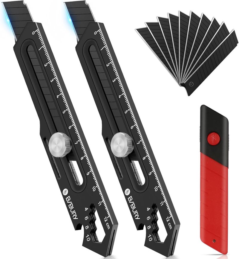 BIBURY 2 Pack Utility Knife, Heave Duty Full Stainless Steel Retractable Box Cutter with 10PCS replaceable Blades (18mm Wide), Multi-functional Extended Razor Knife for Office, Home, School Black - Image 1