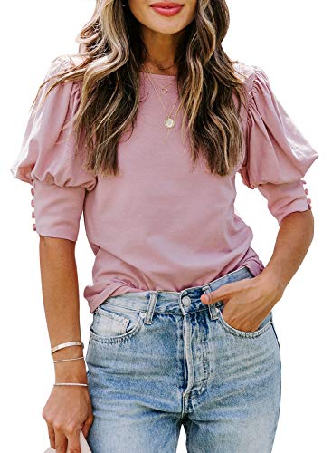 DOROSE Women's Casual Tops Puff Sleeve Loose Blouses T Shirts (X-Large, Pink) - Image 1