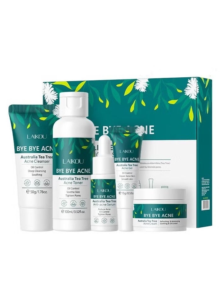 Laikou Tea Tree Acne Skincare Set, Cleanser, Toner, Serum, Cream, Gel for Acne Treatment, Oil Control & Pore Shrinking for Teens & Women, Essential Everyday Beauty Kit - Image 1