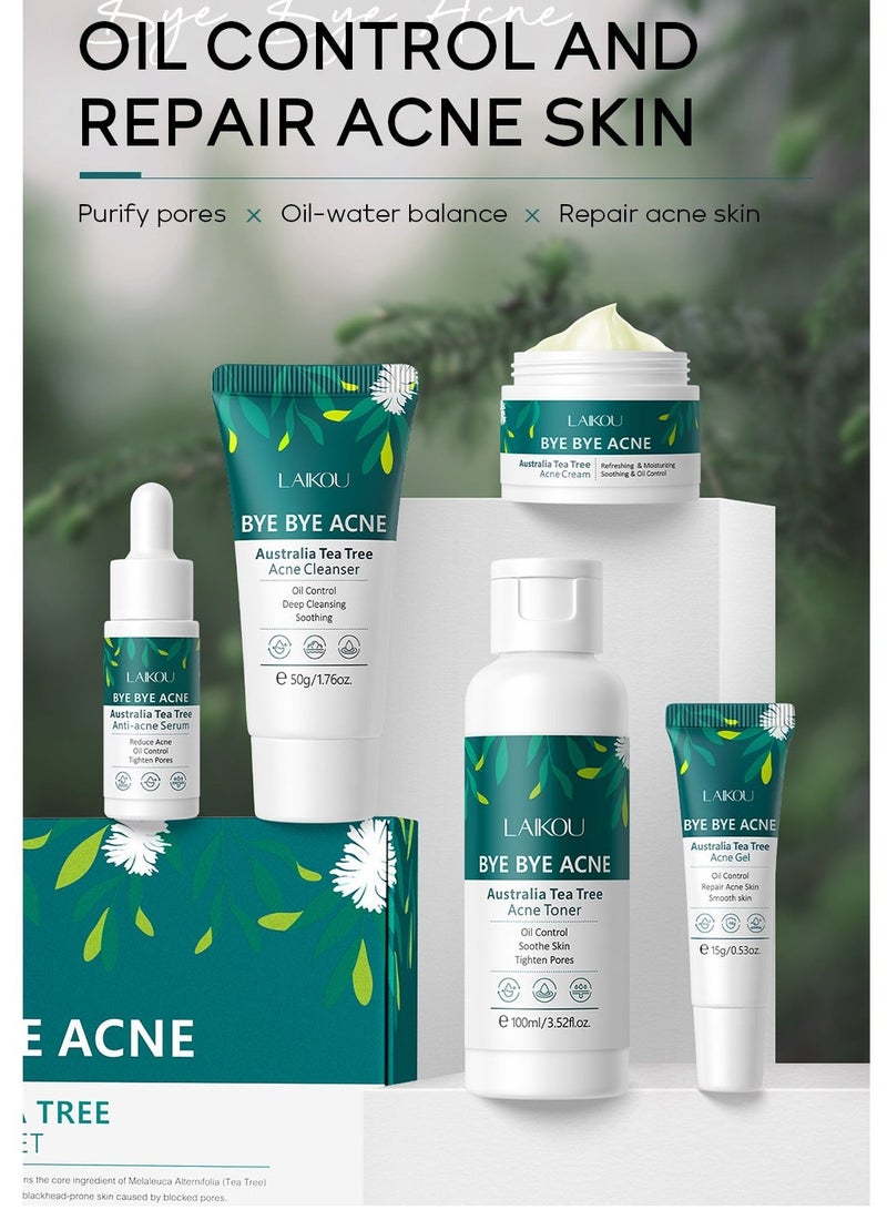 Laikou Tea Tree Acne Skincare Set, Cleanser, Toner, Serum, Cream, Gel for Acne Treatment, Oil Control & Pore Shrinking for Teens & Women, Essential Everyday Beauty Kit - Image 2