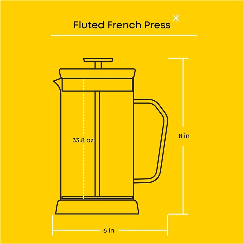 JoyJolt Fluted French Press Coffee and Tea Maker Set, 33.8oz Stainless Steel Press, Borosilicate Glass Coffee Press, Cold Brew Portable French Press, Tea Press, Large, clear - Image 4