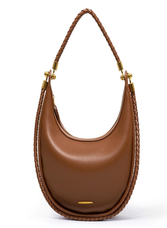 Joryin Crescent Shoulder Bag for Women, Saddle Purse Braided Top-Handle Handbag Vegan Leather Under Arm Bag, Brown - Image 1