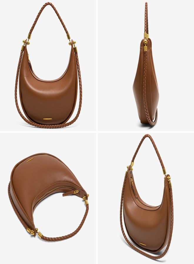 Joryin Crescent Shoulder Bag for Women, Saddle Purse Braided Top-Handle Handbag Vegan Leather Under Arm Bag, Brown - Image 3