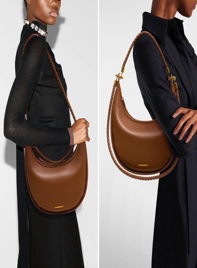 Joryin Crescent Shoulder Bag for Women, Saddle Purse Braided Top-Handle Handbag Vegan Leather Under Arm Bag, Brown - Image 2