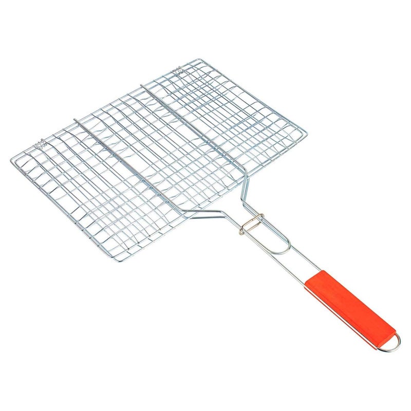 Whitecloud TRANSFORMING HOMES Whitecloud TRANSFORMING HOMES Portable Barbecue BBQ Grill Net Basket Roast Grilling Tray Foldable Chromium Barbecue Grill with Wooden Handle 1796 Silver Colour  - Image 1