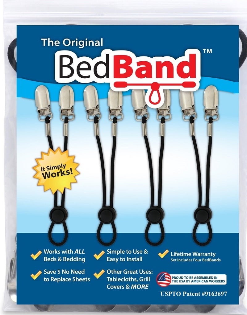 Bed Band Not Made in China. 100% USA Worker Assembled.. Bed Sheet Holder, Gripper, Suspender and Strap. Smooth any Sheets on any Bed. Sleep Better. Patented.,Black,1 Pack (4 Bands) - Image 1