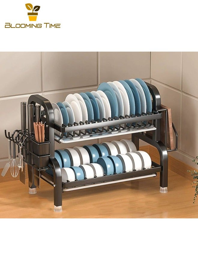 بلومنغ تايم رفوف تخزين للمطبخ، رفوف تخزين للأطباق والأواني، رفوف تخزين متعددة الوظائف ومتعددة الطبقات للأواني والأطباق، رفوف تصريف المياه للحوض، خزانة أواني وأطباق منزلية، أسود - Image 1