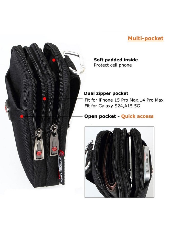 VIIGER VIIGER Versatile Nylon Dual Phone Holster Cellphone Belt Case Holder Mens Belt Pouch w/Clip Smartphone Belt Loop Pouch Bag 2 Zipper Pockets Compatible with iPhone 15 Pro Max Case 16 Pro S24, Black  - Image 2