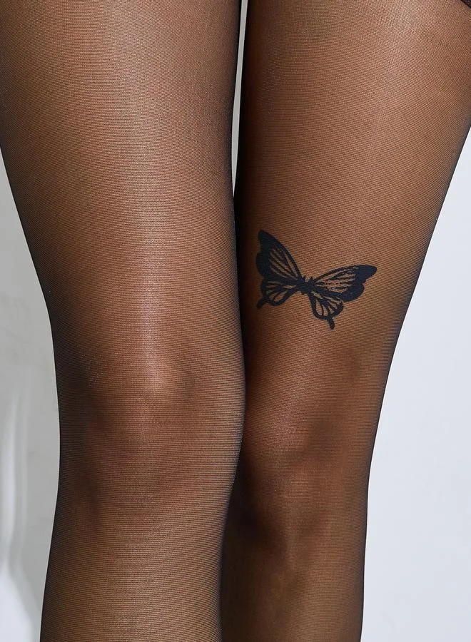 Styli Black Sheer Above-Knee Butterfly Print Tights