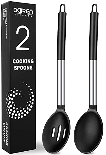 DaiRen Kitchen Pack of 2 Large Silicone Cooking Spoons, Non-Stick Stainless Steel Slotted and Solid Spoon Set for Serving, Mixing, Draining, Heat Resistant, Scratch Resistant and BPA Free Kitchen Scoops (Black) - Image 1