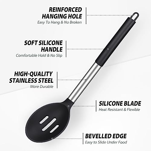 DaiRen Kitchen Pack of 2 Large Silicone Cooking Spoons, Non-Stick Stainless Steel Slotted and Solid Spoon Set for Serving, Mixing, Draining, Heat Resistant, Scratch Resistant and BPA Free Kitchen Scoops (Black) - Image 3