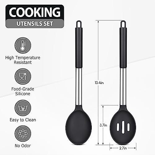 DaiRen Kitchen Pack of 2 Large Silicone Cooking Spoons, Non-Stick Stainless Steel Slotted and Solid Spoon Set for Serving, Mixing, Draining, Heat Resistant, Scratch Resistant and BPA Free Kitchen Scoops (Black) - Image 2