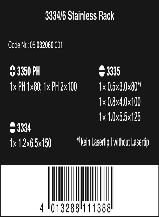 Wera 05032060001 Kraftform Stainless 3334/6 Stainless Steel Slotted/Phillips Screwdriver Set and Rack, 6-Piece,MULTI,Slotted: 6.5x150mm, 3x80mm, 4x100mm, 5.5x125mm. Phillips: PH1x80mm, PH2x100mm - Image 2