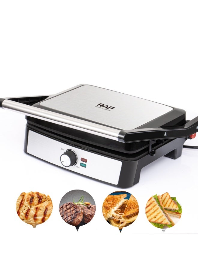 آر إيه أف ماكينة شواء وشرائح اللحم RAF، شواية كهربائية قوية بقوة 2200 واط مع ألواح غير لاصقة، وتحكم في درجة الحرارة قابل للتعديل، وحرارة موحدة، وسهولة التنظيف - شواية متعددة الاستخدامات لشرائح اللحم والسندويشات والشواء والبانيني - Image 1