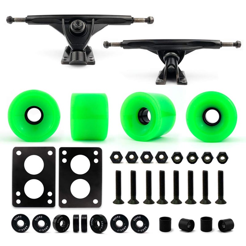 VJ Skateboard Longboard Truck and Wheel, 70mm Long Board Wheels w 7inch 180mm Skateboard Trucks (Black) Longboard Bearings Longboard Hardware Skateboard Riser Pads (Neon Green) - Image 1