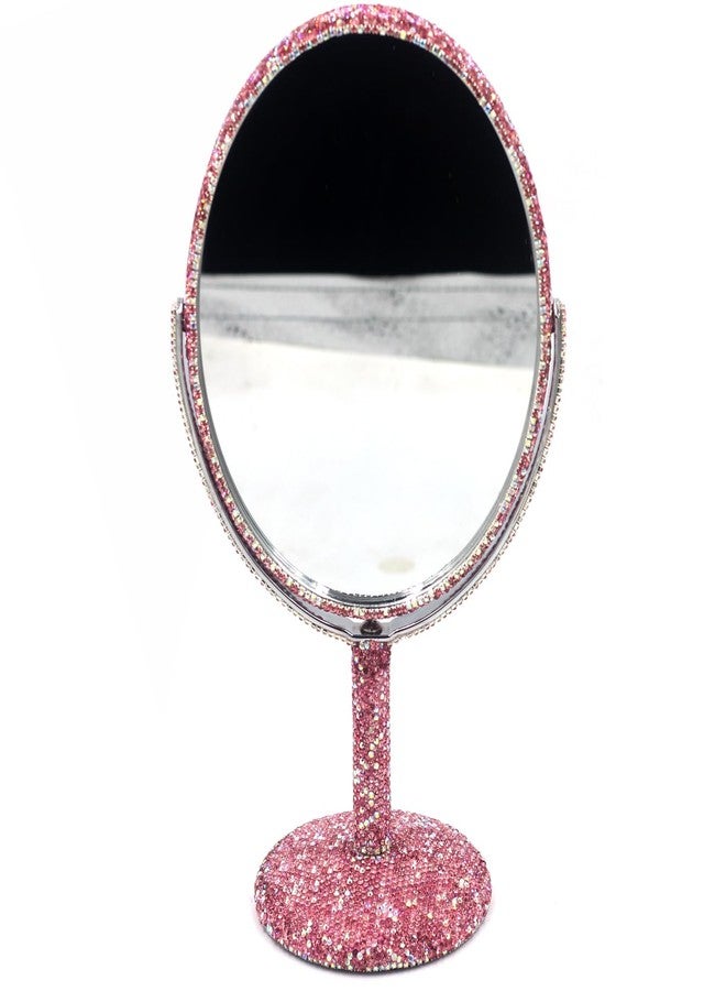 Bestbling Bling Bling 6-Inch Double-Sided Tabletop Makeup Mirror, Oval Metal Makeup Mirror with 1:2 Magnifying Mirror, Rotating Mirror for Vanity (Pink) - Image 2
