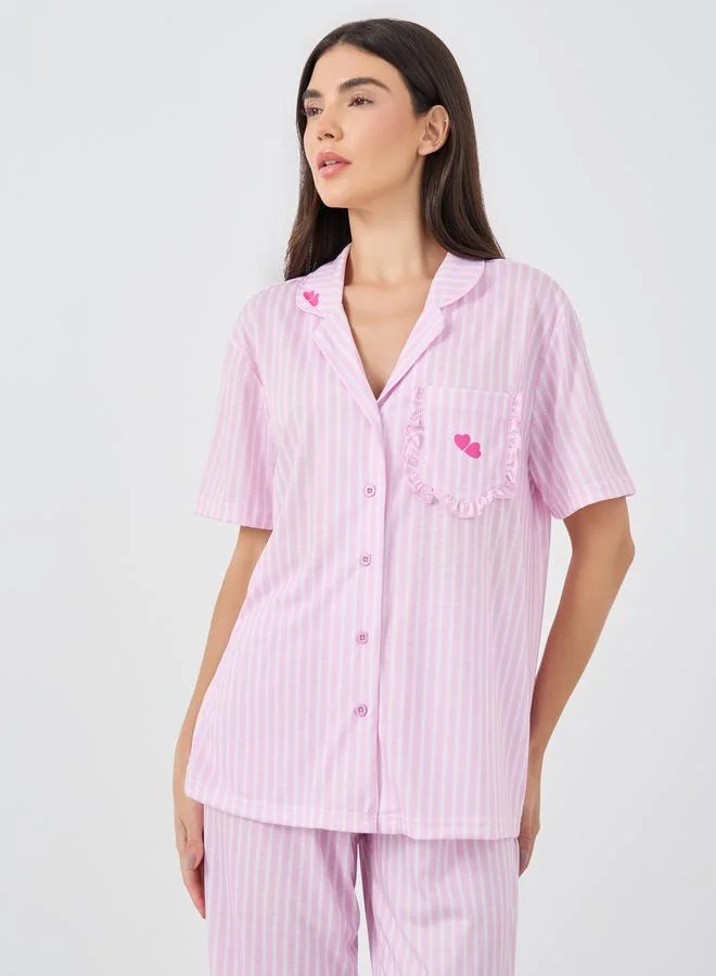 Styli Striped Heart Ruffle Pocket Shirt and Pyjama Set