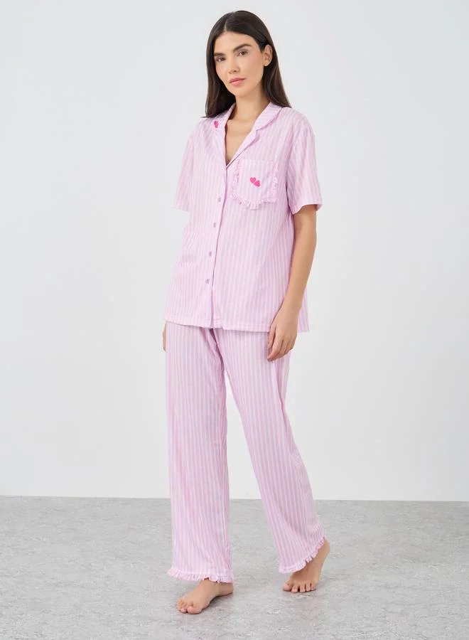 Styli Styli Striped Heart Ruffle Pocket Shirt and Pyjama Set