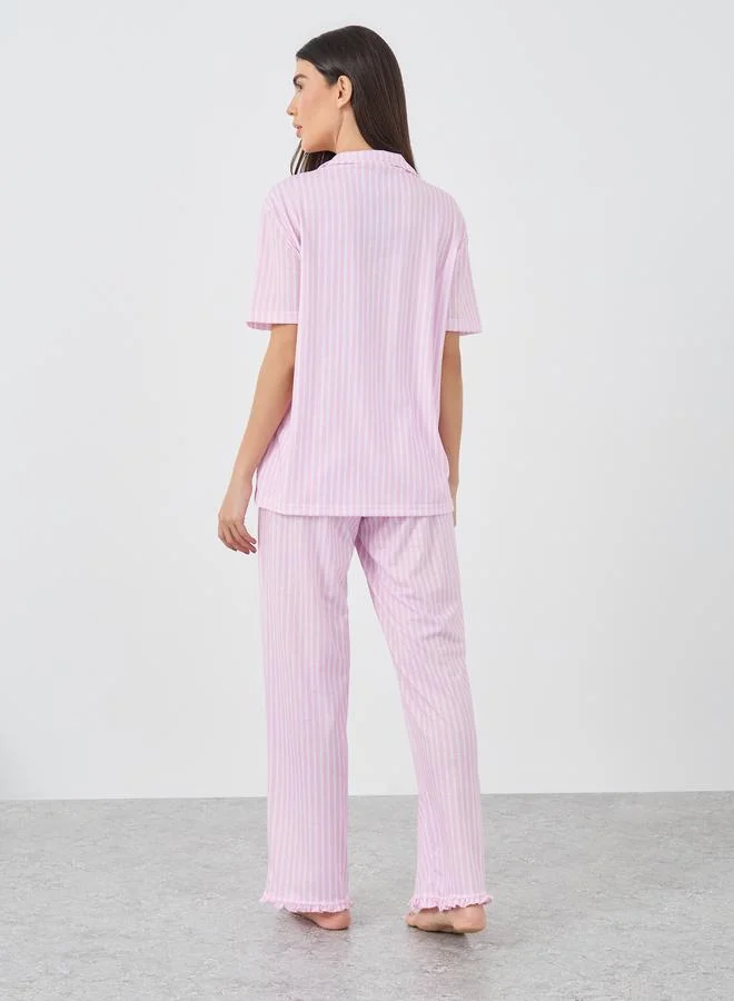 Styli Striped Heart Ruffle Pocket Shirt and Pyjama Set