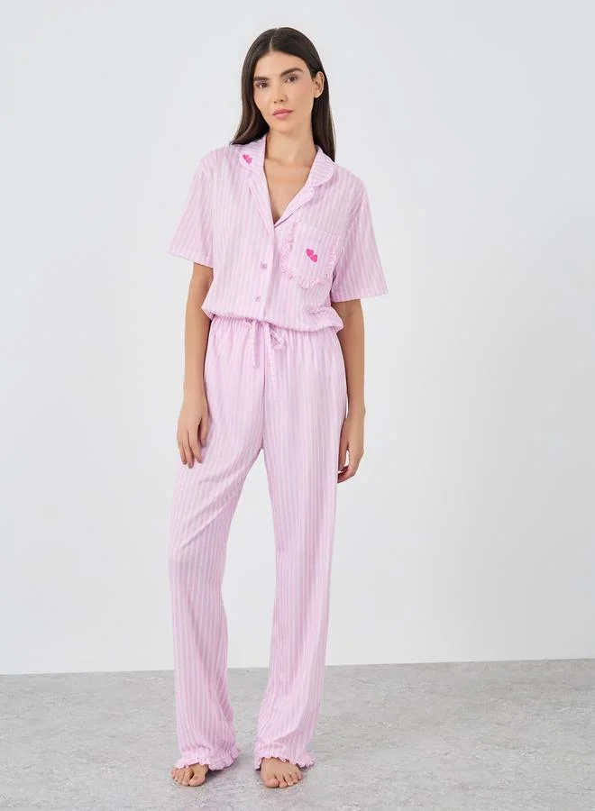 Styli Styli Striped Heart Ruffle Pocket Shirt and Pyjama Set