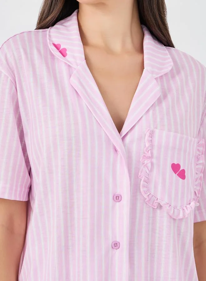 Styli Striped Heart Ruffle Pocket Shirt and Pyjama Set
