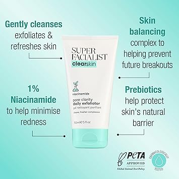 Super Facialist Pore Clarity Daily Exfoliator Acne Treatment Blackhead Remover Exfoliator with 1 Niacinamide Tea Tree Oil Prebiotics Vegan Friendly 150ml - Image 2