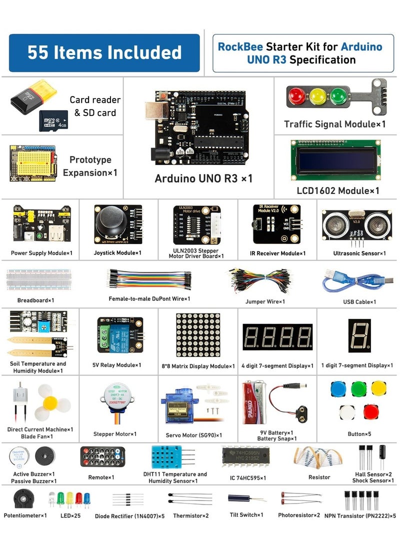 Generic - UNO R3 Starter Kit and Tutorial (55 Items), with Memory Card, Utilizes Original Chips Compatible with Arduino IDE - Image 1