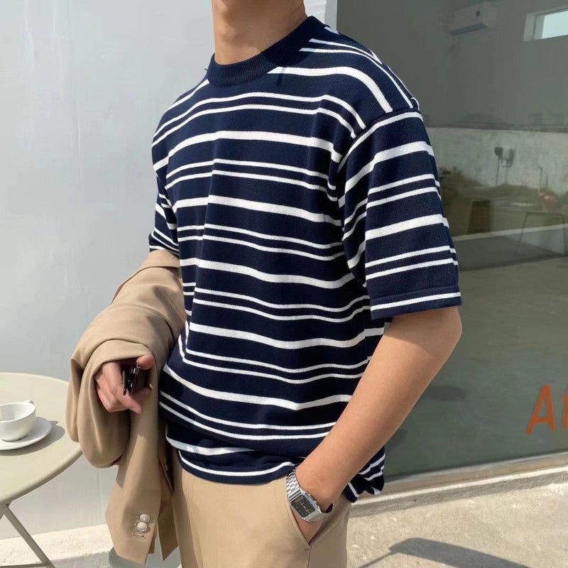 Summer Boys All-Match Loose Personality Striped T-Shirt Men'S Short-Sleeved T-Shirt Daily Casual Bottoming Top - Image 3
