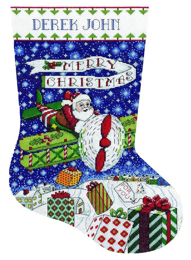 DesignWorks Ink Design Works Airplane Santa Cross Stitch Stocking Kit, 17", Multicolored - Image 1