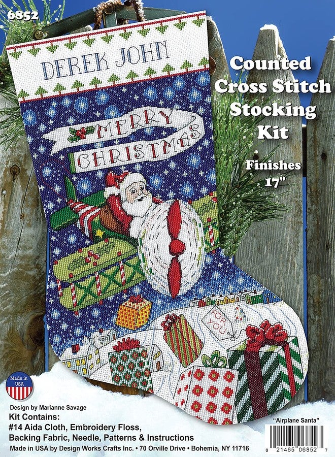 DesignWorks Ink Design Works Airplane Santa Cross Stitch Stocking Kit, 17", Multicolored - Image 2