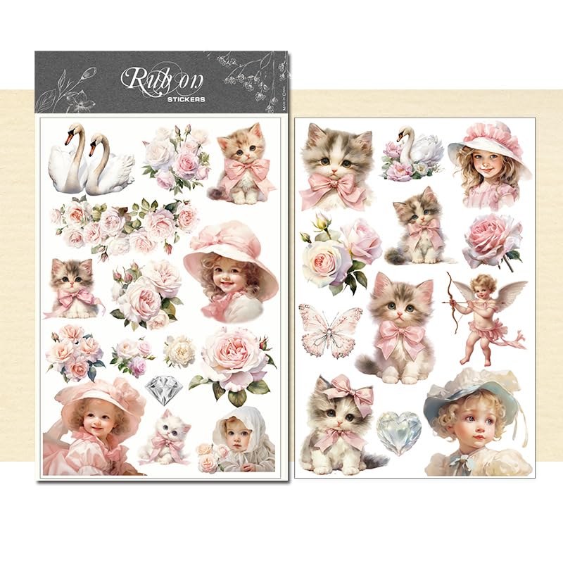 CATaireen Rub On Transfers Stickers 2 Sheets for Crafts Cloth Glass Acrylic Wood Furniture Small Vintage Junk Journal Supplies Scrapbooking Items Christmas Thanksgiving Pink Girl and Cat - Image 1
