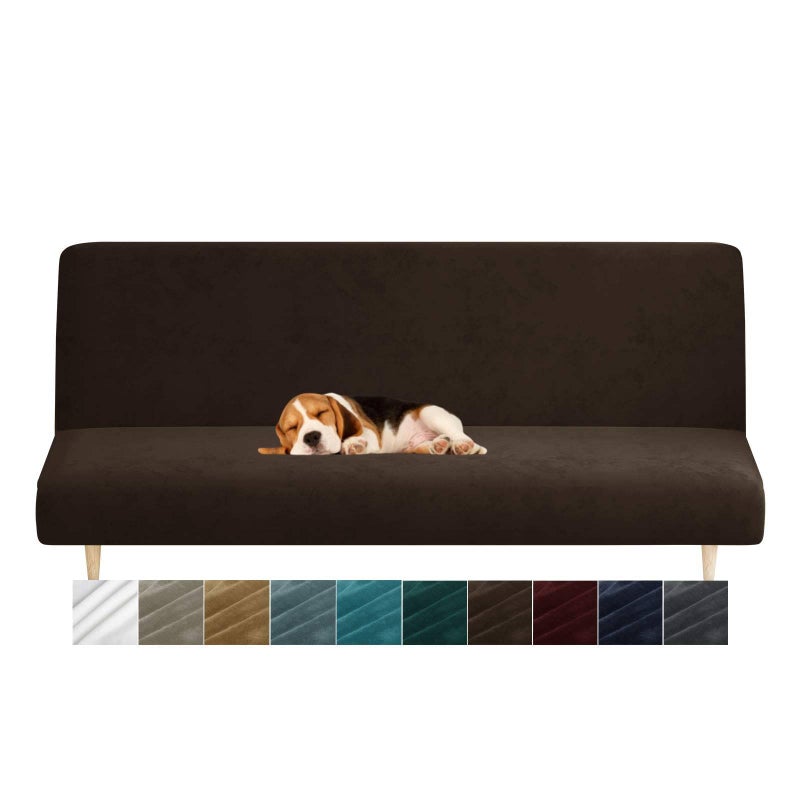 MAXIJIN Velvet Futon Cover Full Size Stretch Futon Mattress Cover Thick Soft Armless Sofa Bed Slipcover Plush Couch Furniture Protector with Elastic Bottom Machine Washable Dark Coffee