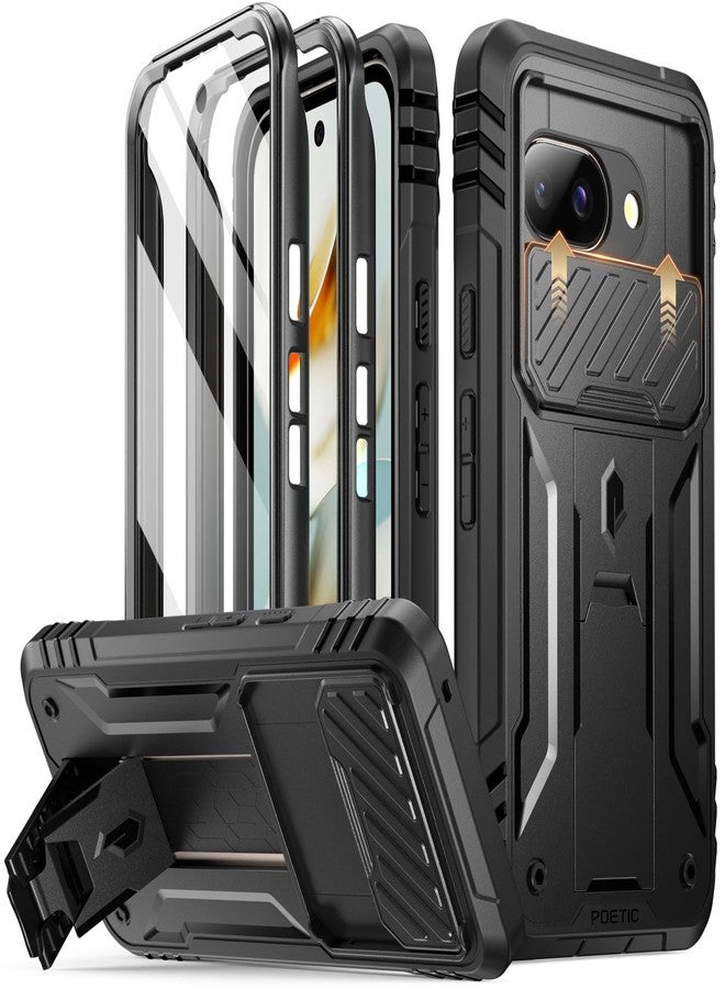 POETIC Revolution Case for Google Pixel 9A 5G, [Slide Camera Cover], Built-in Screen Protector [Works with Fingerprint ID], [2 Front Frames] Full Body Case with Kickstand - Black - Image 1