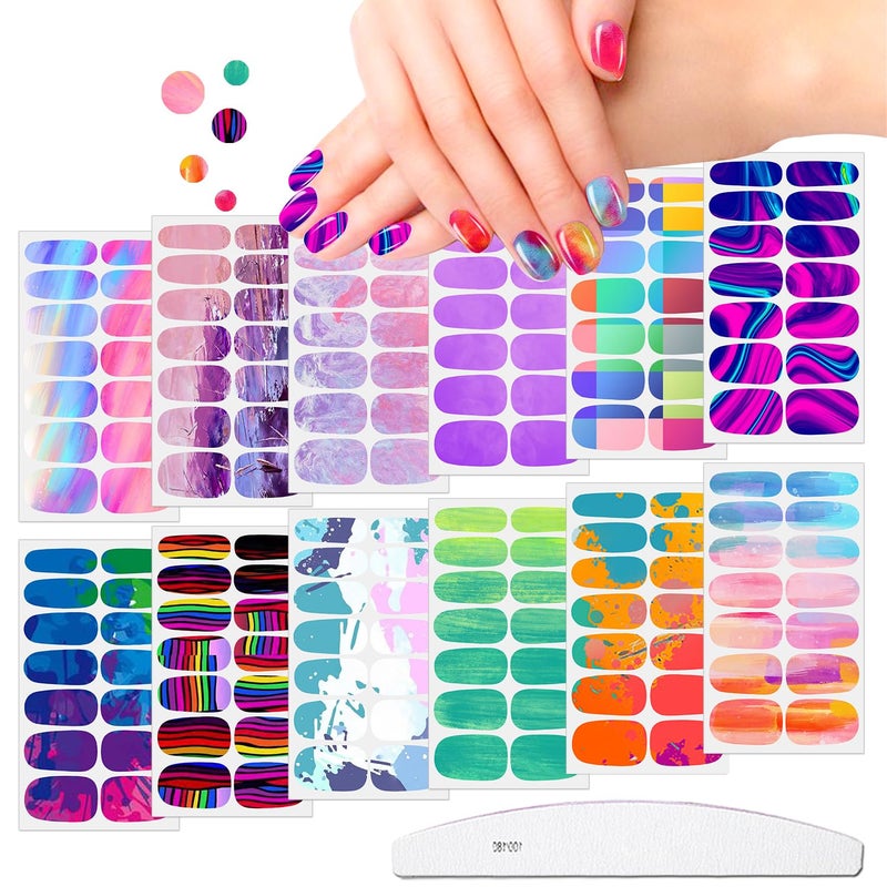 JERCLITY 12 Sheets Aurora Gradient Color Nail Polish Strips Self-Adhesive Graffiti Cloud Rainbow Nail Stickers Full Nail Wraps for Women Kids Manicure Kit - Image 1