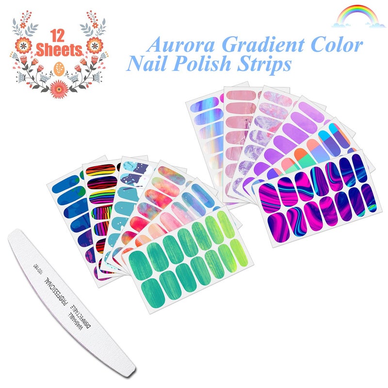 JERCLITY 12 Sheets Aurora Gradient Color Nail Polish Strips Self-Adhesive Graffiti Cloud Rainbow Nail Stickers Full Nail Wraps for Women Kids Manicure Kit - Image 2