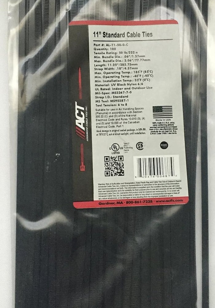 ACT 11" Standard UV Black Cable Ties - 100 Count, 50 lb Tensile Strength - Image 1
