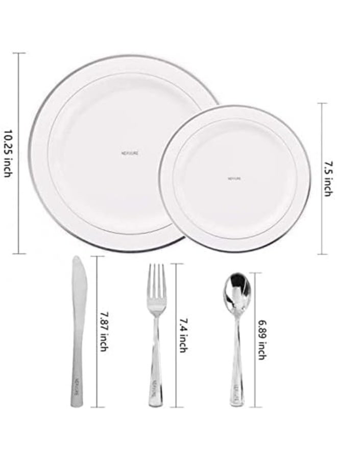 AIWANTO 125 Piece Silver Dinnerware Set - 50 Guest Silver Design Plastic Plates（25 Dinner Plates and 25 Dessert/Salad Plates）- 25 Silver Plastic Silverware, 25 Guest Disposable Silver Dinnerware Set - Image 2