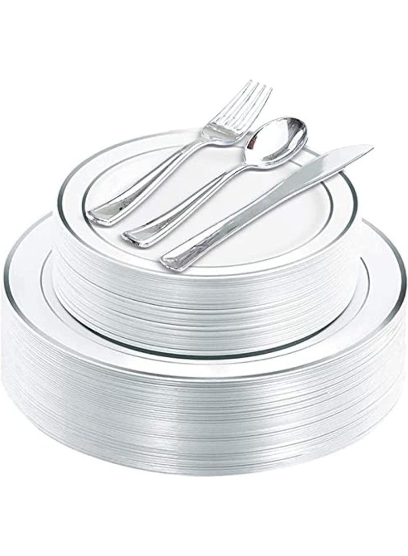AIWANTO 125 Piece Silver Dinnerware Set - 50 Guest Silver Design Plastic Plates（25 Dinner Plates and 25 Dessert/Salad Plates）- 25 Silver Plastic Silverware, 25 Guest Disposable Silver Dinnerware Set - Image 1