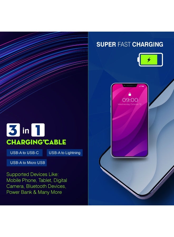 ERD كابل الشحن السريع ERD 3 في 1 | USB-A إلى Micro USB، USB-A إلى Type-C، وUSB-A إلى Lightning | شحن ونقل بيانات عالي السرعة (USB-A إلى Type-C) | كابل متين وخفيف الوزن بطول متر واحد | عمر افتراضي يصل إلى 15000 انحناءة | للهواتف الذكية والأجهزة اللوحية وغيرها - Image 4