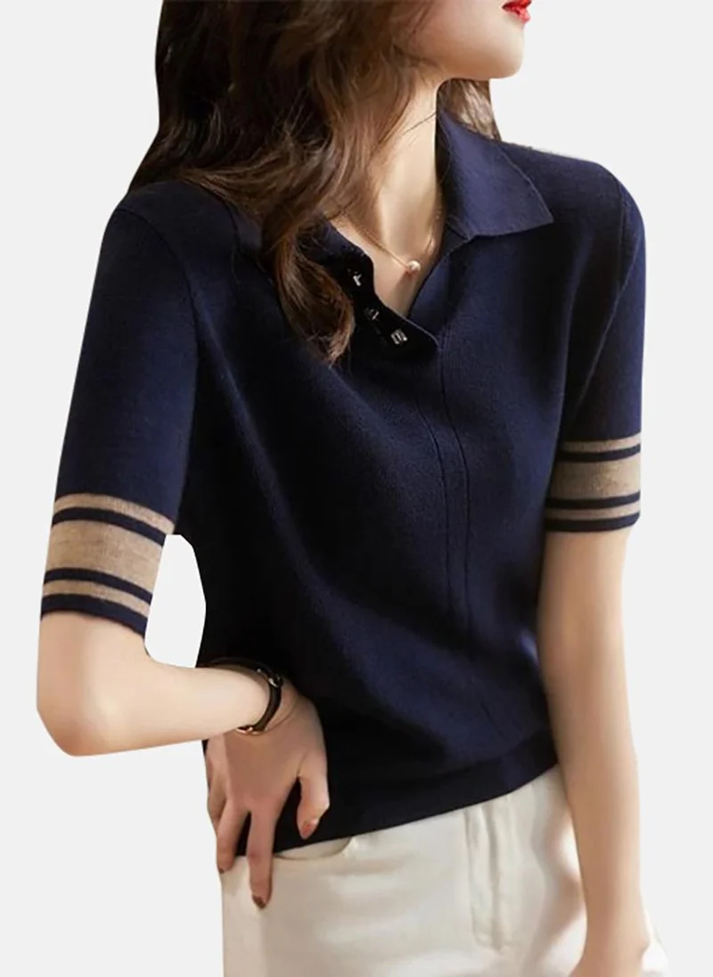 يونيكي Blue Solid Short Sleeve Polo Collar Polo Shirt
