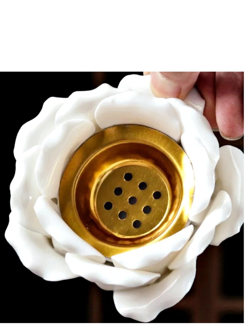 Generic Luxurious Incense Burner Rose Shape Handmade Ceramic Lotus Flower Tea Light Candle Holder with Brass Insert Wax Protection 4X2 Inch Used Festive Wedding Table Outdoor Party Indoor Table Center Table Firplace Decor Incense Candle Holder  - Image 3
