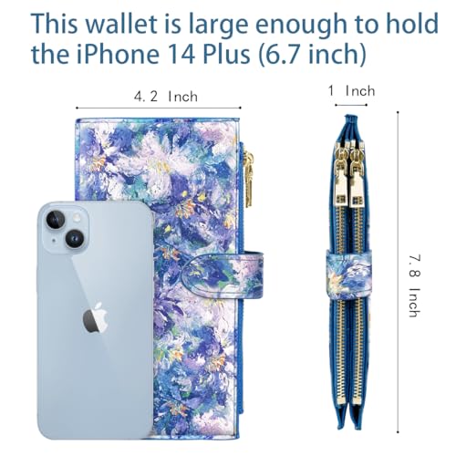 Coco Rossi Womens RFID Blocking Large Capacity Wallet Multi Card Organizer Bifold Wallet for Women with Zipper Pocket, Blue Flowers - Image 3